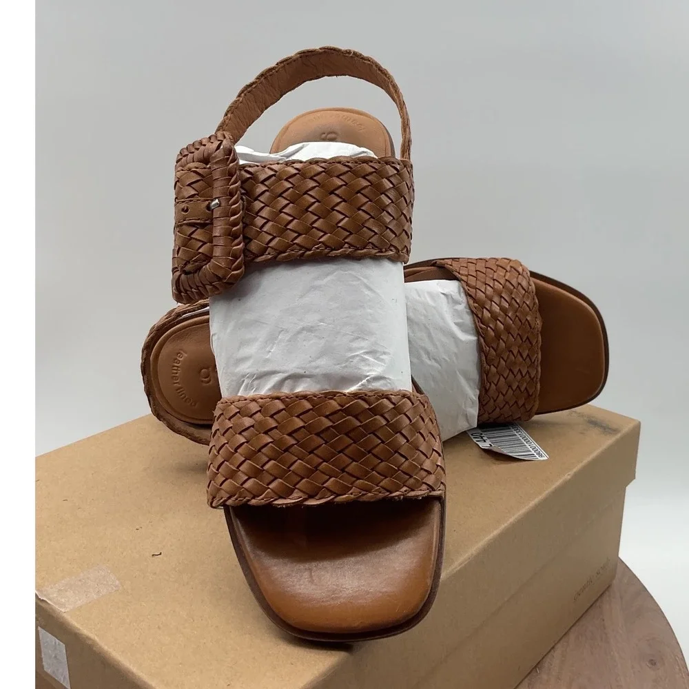 Gentle Souls Madylyn woven Leather Block Heel Sandals Cognac Brown Size 9